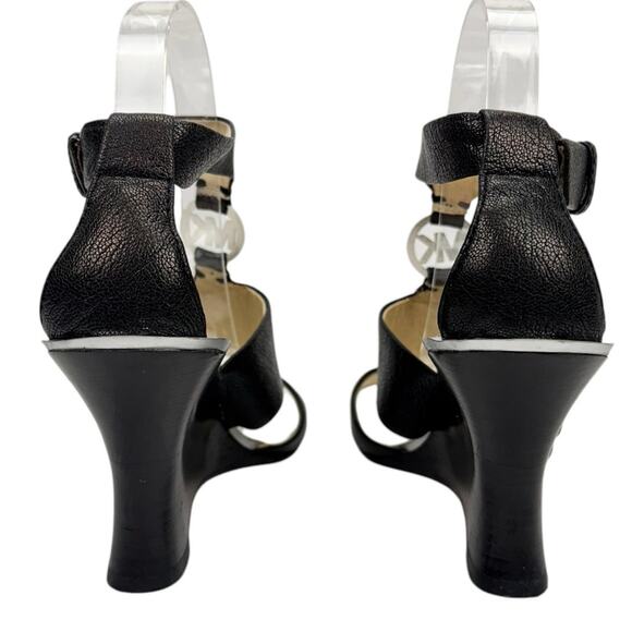 Michael Michael Kors Logo Black Leather Metallic Strappy Wedge Sandals Sz 7.5M - Picture 6 of 16